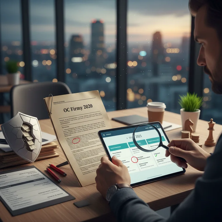 Przedsiębiorca porównuje kilka ofert ubezpieczenia OC firmy 2025 na ekranie komputera, analizując zakres ochrony i poziom składek