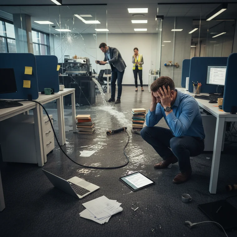 Rzeczoznawca ubezpieczeniowy ogląda zalane biuro coworkingowe i sprzęt sąsiada, analizując zgłoszenie szkody z OC firmy po awarii instalacji wodnej