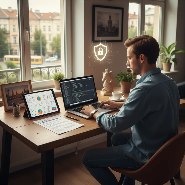 Przedsiębiorca z małą firmą usługową w Warszawie analizuje oferty ubezpieczenia OC na laptopie, porównując koszt minimalnego OC i różne sumy gwarancyjne