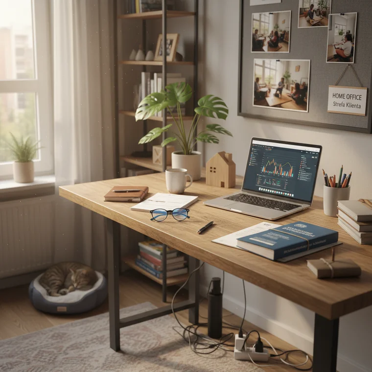 Specjalista pracujący zdalnie analizujący polisę OC działalności gospodarczej na tle domowego biura z komputerem i dokumentami