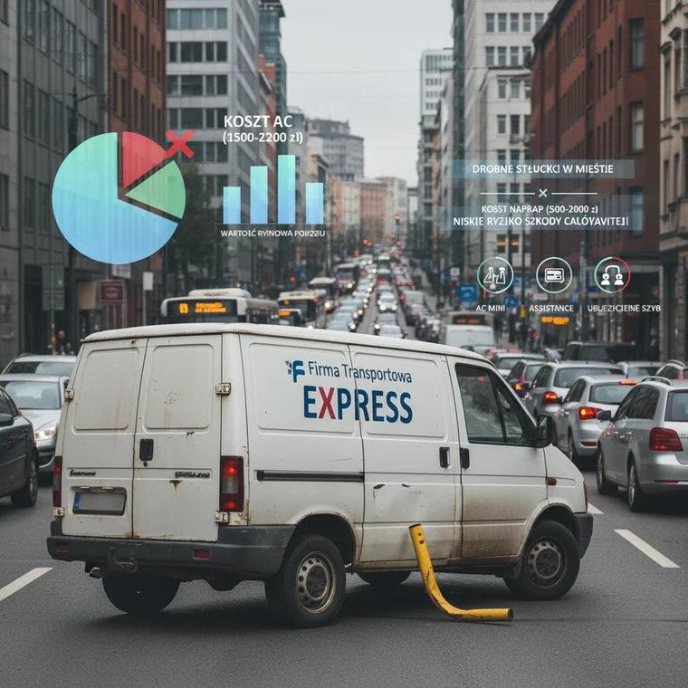 Przedsiębiorca analizujący koszty AC starszego auta firmowego używanego głównie w mieście, porównujący składki z wartością pojazdu