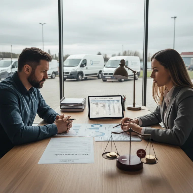 Właściciel firmy budowlanej przy samochodach dostawczych analizuje wysokość udziału własnego w polisie AC dla floty firmowej