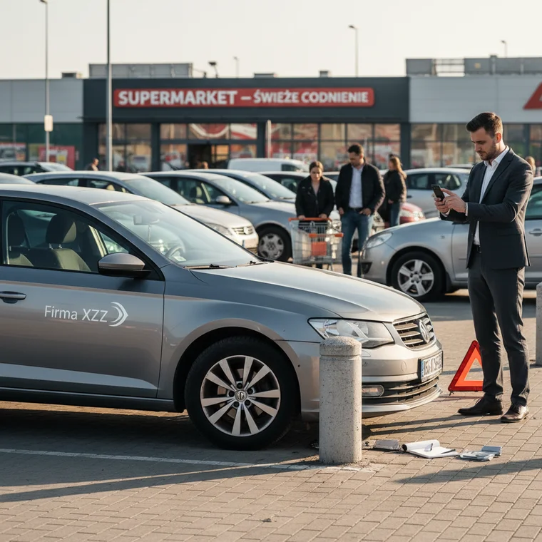 Rzeczoznawca i przedsiębiorca przy samochodzie służbowym, oględziny po kolizji pod sklepem klienta i przygotowanie kosztorysu z AC