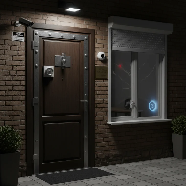 System alarmowy, kamery IP i kontrola dostępu w małym biurze usługowym, prezentujące praktyczne elektroniczne sposoby zabezpieczenia biura 50–150 m² przed włamaniem