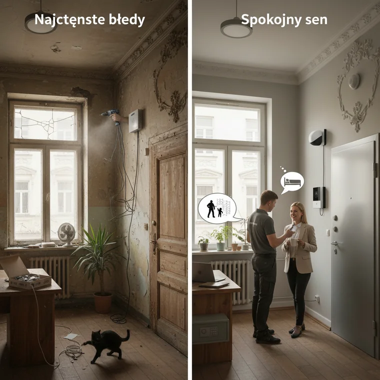 Widok małego biura w kamienicy z drzwiami antywłamaniowymi, oknami z zabezpieczeniami oraz zamontowanymi czujnikami alarmu