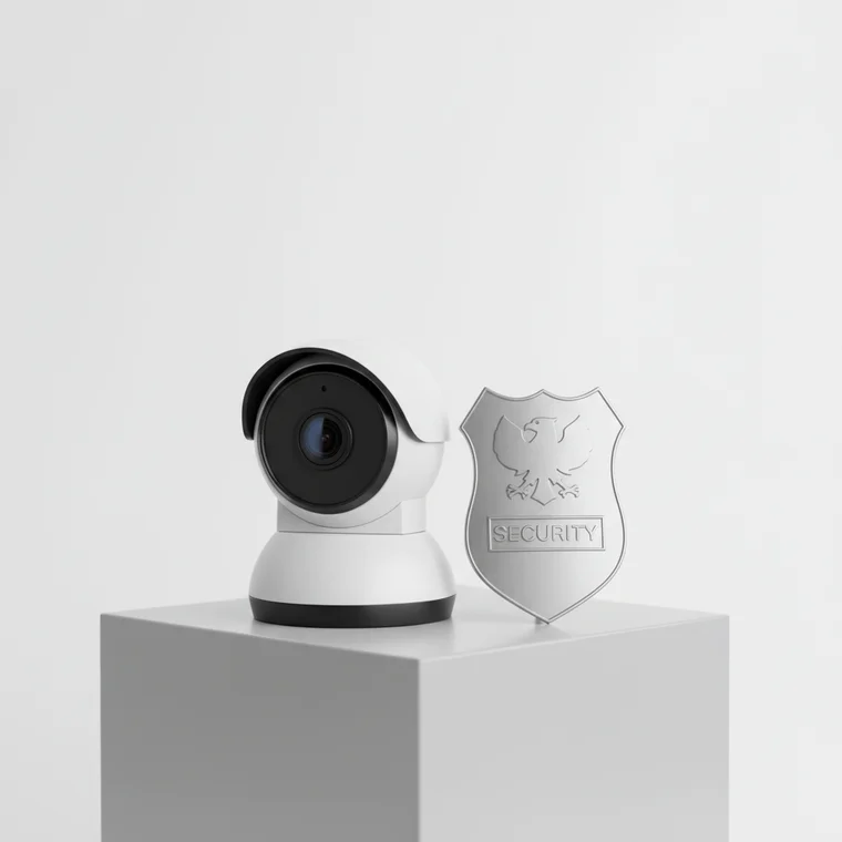 Nowoczesne biuro z monitoringiem wizyjnym i elementami systemu ochrony, ilustrujące decyzję między kamerami a fizycznym dozorem w nocy