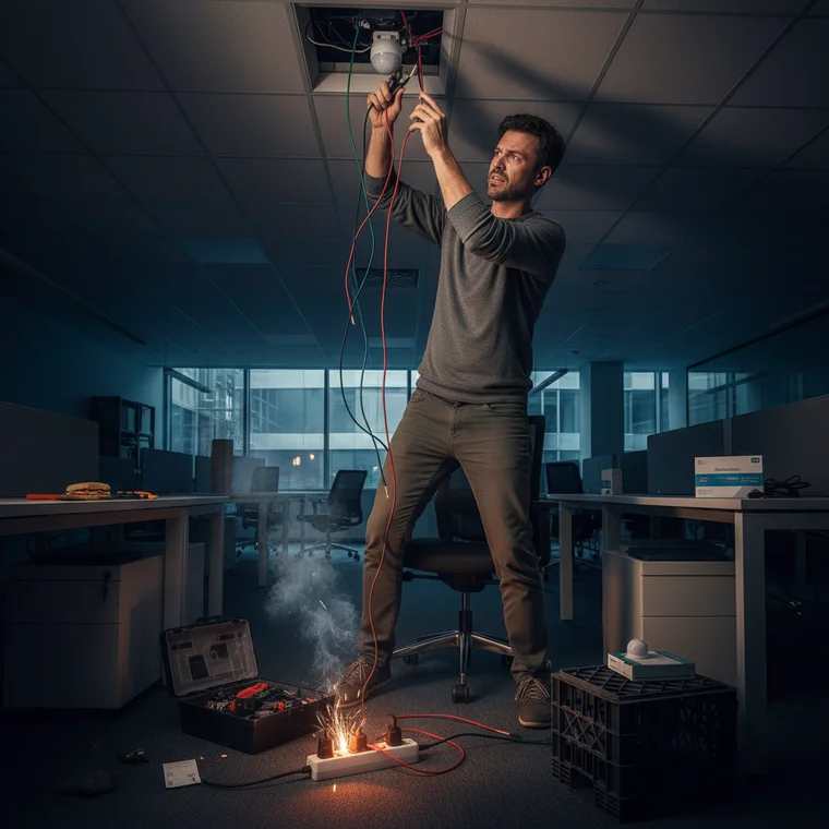 Schemat instalacji czujek ruchu w biurze open space, pokazujący różnicę między czujkami bateryjnymi a zasilanymi z sieci 230V