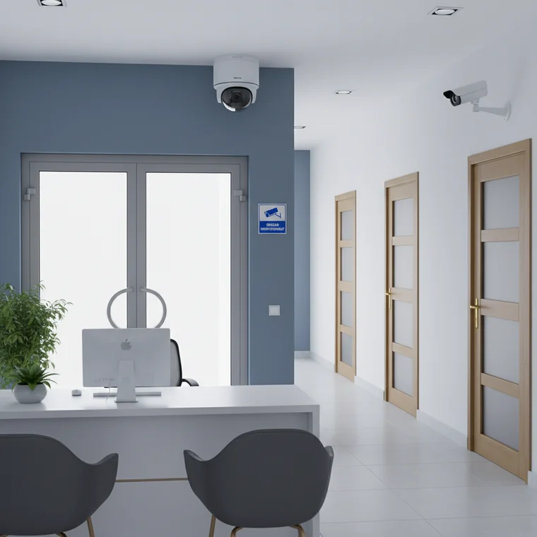 Widok recepcji i korytarza z zaznaczonymi kamerami – przykład praktycznego rozmieszczenia monitoringu w biurze z trzema gabinetami