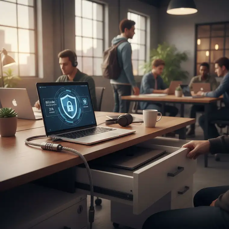 Przestrzeń coworkingowa z pracownikami dbającymi o bezpieczeństwo laptopów firmowych dzięki linkom, szafkom i dyskretnym miejscom pracy