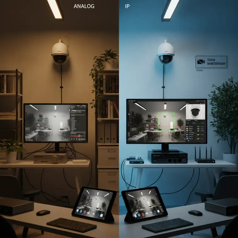 Schemat systemu monitoringu IP w małym biurze usługowym, z kamerami PoE, rejestratorem NVR i zdalnym podglądem na smartfonie właściciela firmy
