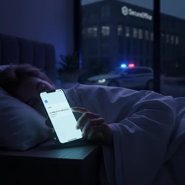 Schemat biura z podziałem na strefy alarmowe i telefonem z SMS, konfiguracja powiadomień alarmu biurowego przeciw fałszywym alarmom