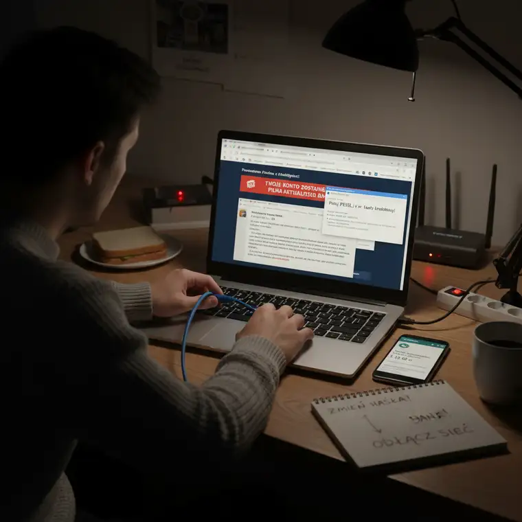 Pracownik małej firmy sprawdzający bezpieczeństwo komputera po ataku phishingowym, skanowanie antywirusem i odłączanie od sieci