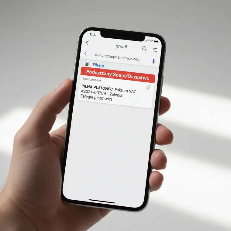 Pracownik firmy konfiguruje filtry antyspamowe w Gmailu dla firm, aby blokować fałszywe faktury i chronić bezpieczeństwo finansowe organizacji