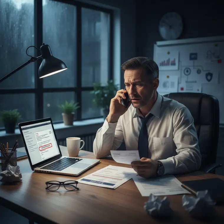 Przedstawiciel firmy konsultuje z prawnikiem i bankiem możliwość odzyskania środków po przelewie na konto fałszywego kontrahenta