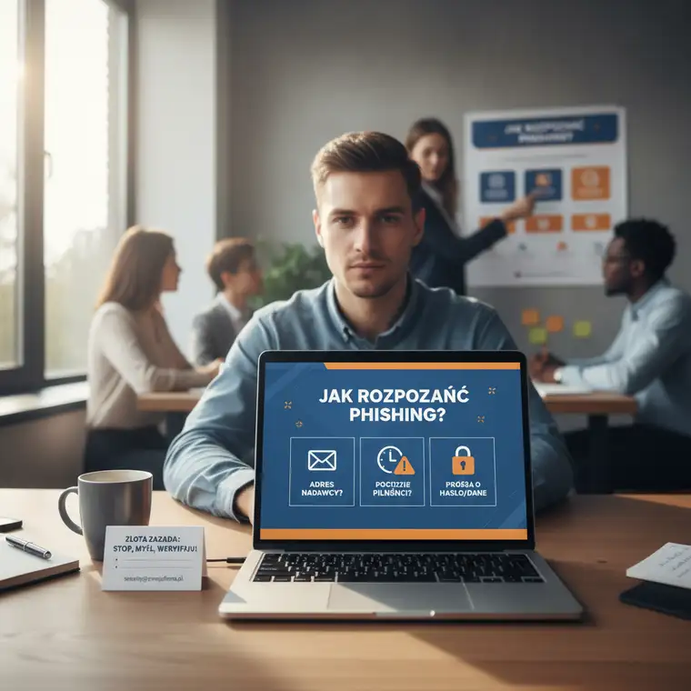 Zespół podczas firmowego szkolenia z cyberbezpieczeństwa, omawiający czerwone flagi i zasady reakcji na phishing