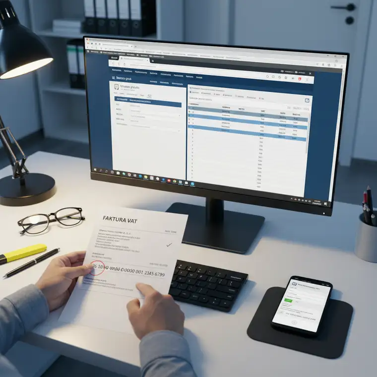 Księgowa porównuje fakturę z danymi z białej listy VAT i rejestrów CEIDG/KRS, aby sprawdzić autentyczność dokumentu przed przelewem