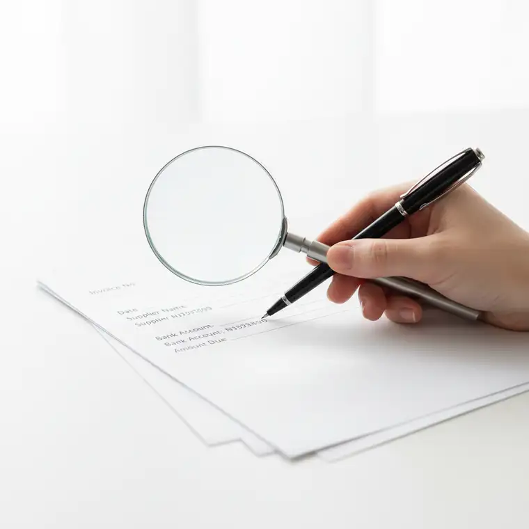 Biuro księgowe weryfikuje autentyczność faktury od nowego dostawcy przed płatnością, sprawdzając dane firmy i numer konta bankowego krok po kroku