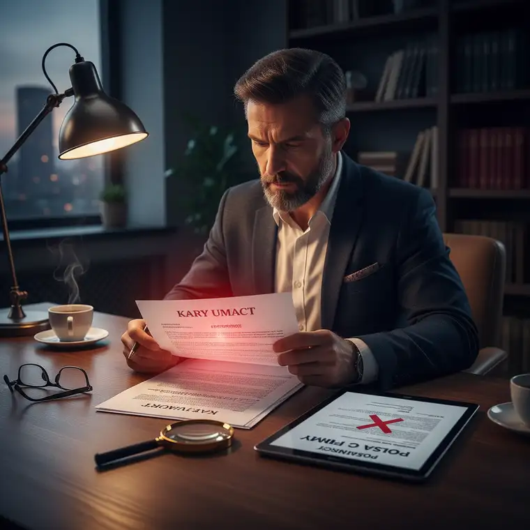 Właściciel firmy budowlanej i specjalista IT porównują treść umowy z zapisami polisy OC firmy, analizując kary za opóźnienie i utracone korzyści