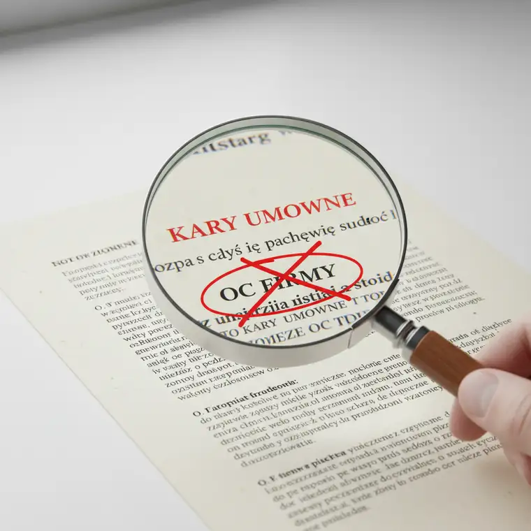 Przedsiębiorca analizuje umowę z karami umownymi przy biurku, zastanawiając się, czy jego polisa OC firmy pokryje czystą szkodę finansową z kontraktu