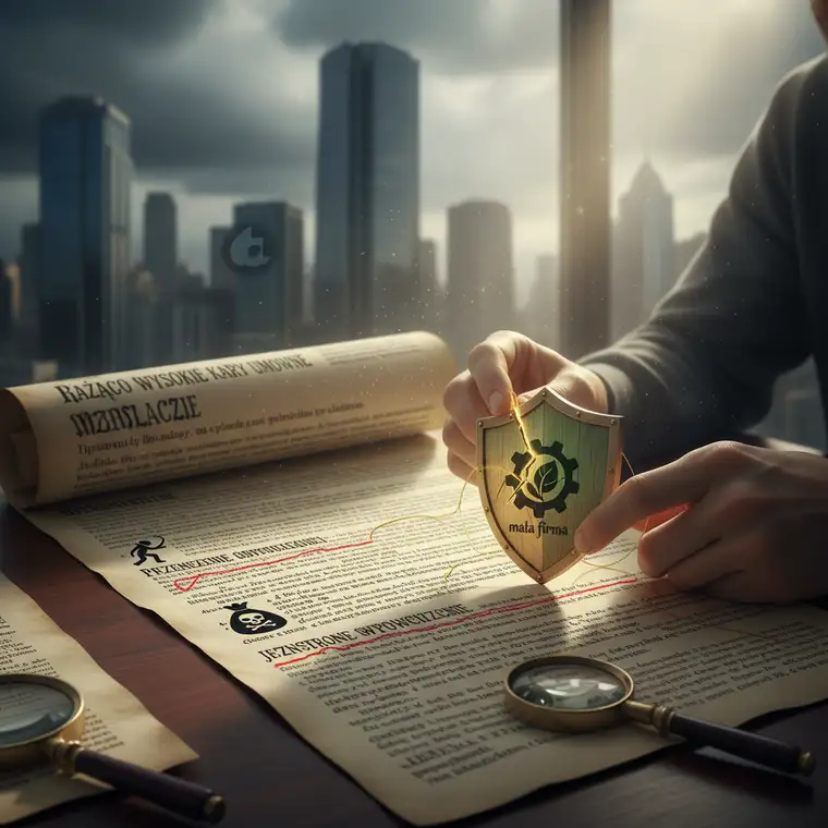 Prawnik i właściciel małej firmy analizują klauzule własności intelektualnej w umowie z korporacją, szukając zapisów zwiększających ryzyko roszczeń