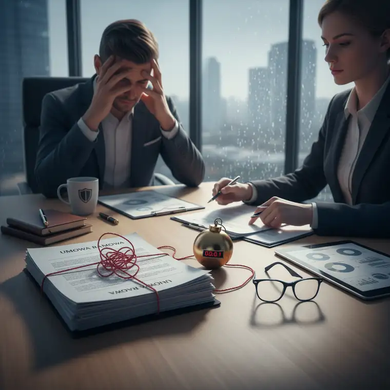 Zespół negocjujący klauzule odpowiedzialności w umowie ramowej, analizujący limity odszkodowania i ryzyka kontraktowe wykonawcy