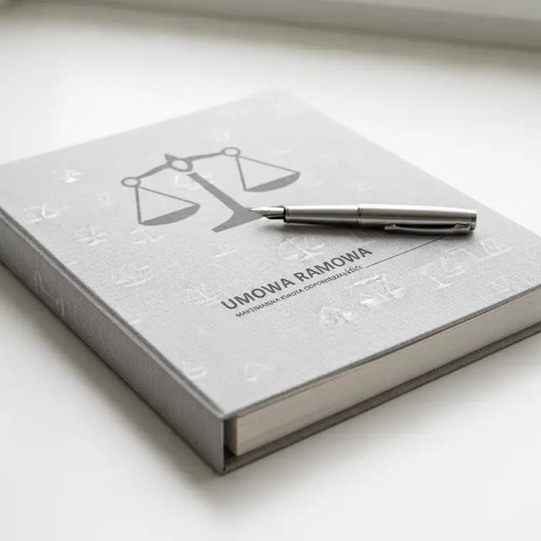 Przedsiębiorca analizujący umowę ramową z prawnikiem, rozważający limit odpowiedzialności wykonawcy i ryzyka finansowe dla firmy