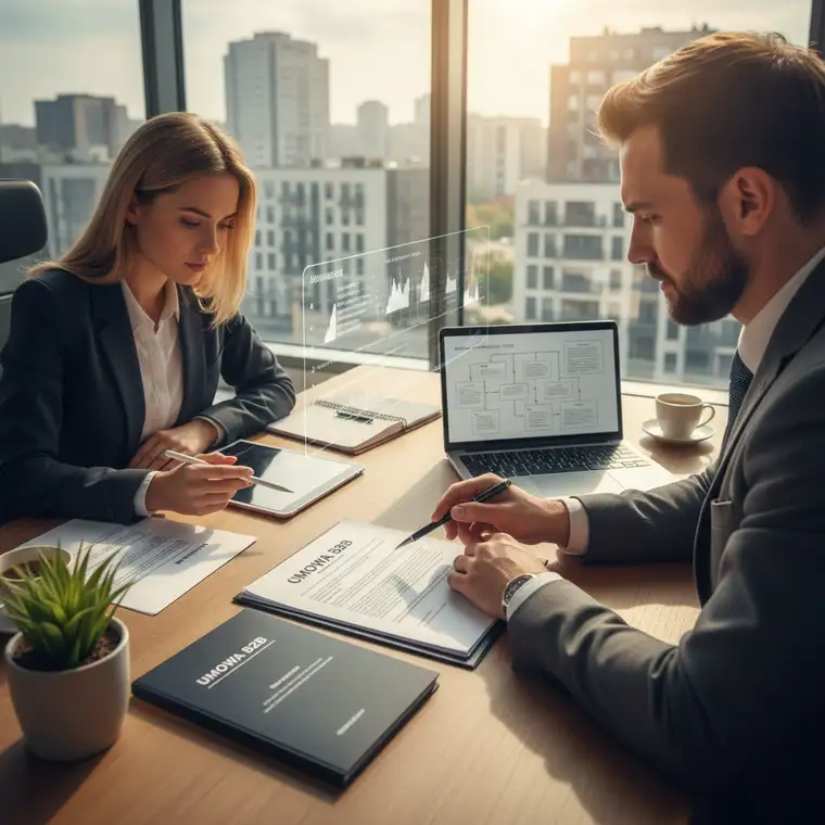 Mikroprzedsiębiorca omawia z prawnikiem abonament na obsługę umów B2B, analizując opłacalność stałej współpracy w 2025 roku