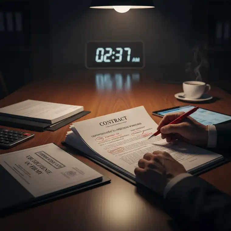 Prawnik i przedsiębiorca analizują klauzule siły wyższej oraz limity odpowiedzialności, aby dopasować umowę dostawy do zakresu ubezpieczenia OC firmy