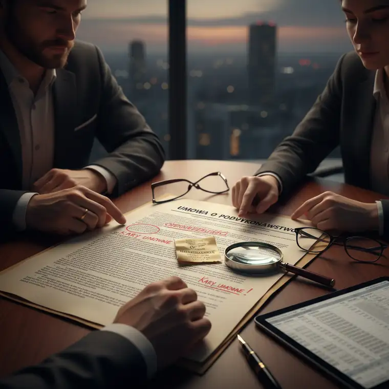 Prawnik analizuje umowę z podwykonawcą, zwracając uwagę na klauzule gwarancji, rękojmi i ubezpieczenia chroniące przed pełną odpowiedzialnością