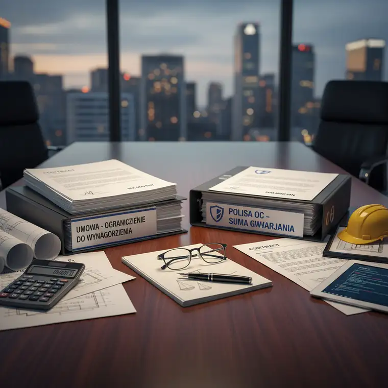 Specjalista ds. ubezpieczeń analizuje polisę OC i sumę gwarancyjną, omawiając z przedsiębiorcą ograniczenie odpowiedzialności w umowie