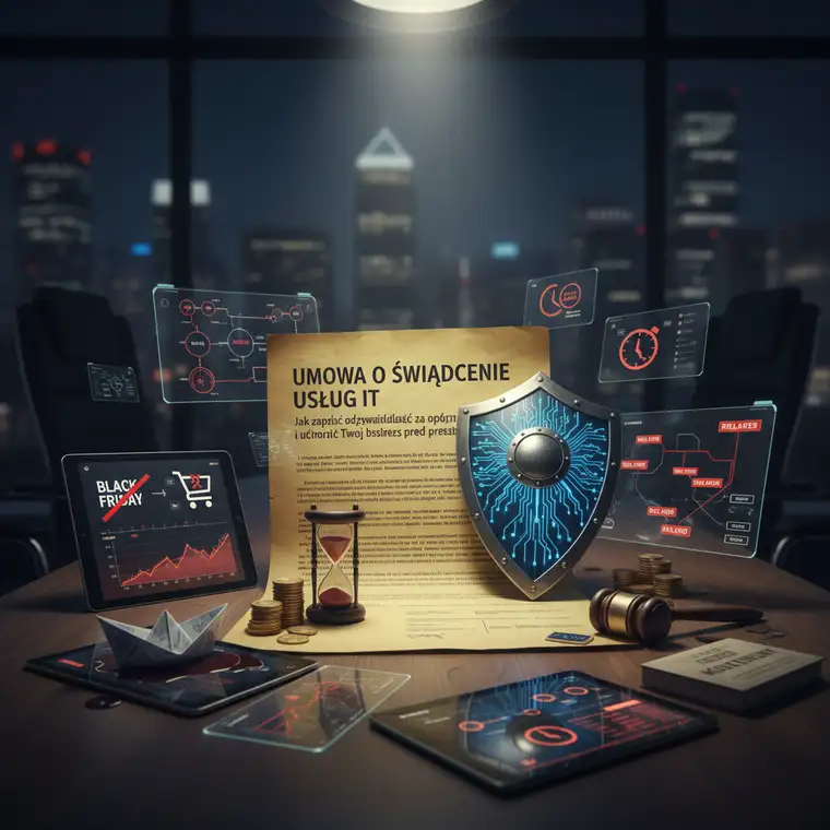 Zespół IT omawia na spotkaniu konsekwencje opóźnień i zapisy umowy o świadczenie usług IT chroniące firmę