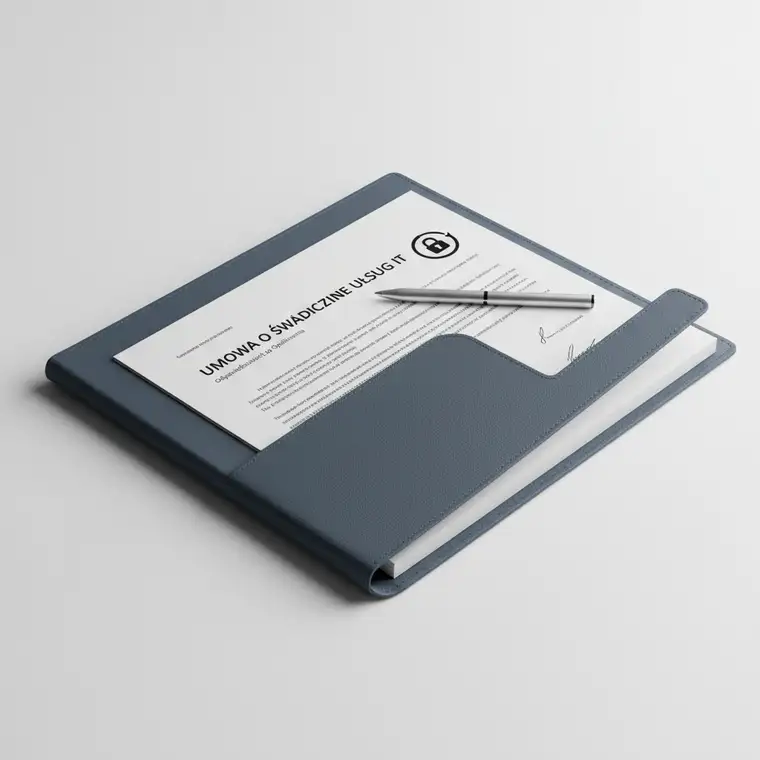 Dwóch przedsiębiorców analizuje umowę o świadczenie usług IT z zapisami o odpowiedzialności za opóźnienia i harmonogramie projektu