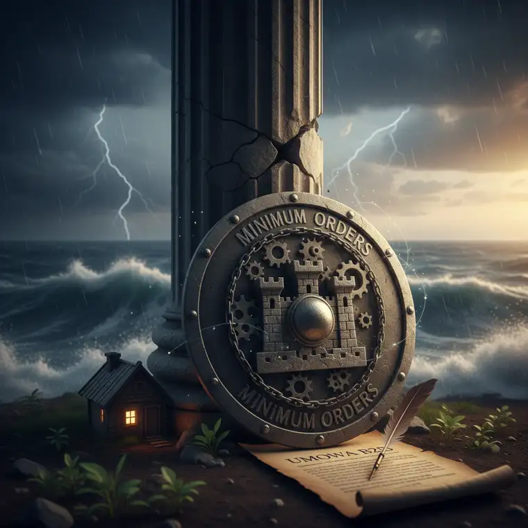 Prawnik i przedsiębiorca analizują zapisy klauzuli minimum zleceń w umowie B2B, omawiając zabezpieczenia i ryzyka współpracy