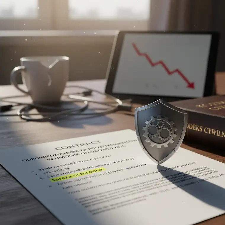 Zespół prawny analizuje klauzule o podwykonawcach w umowie usługowej 2026 przy biurku pełnym dokumentów i laptopów
