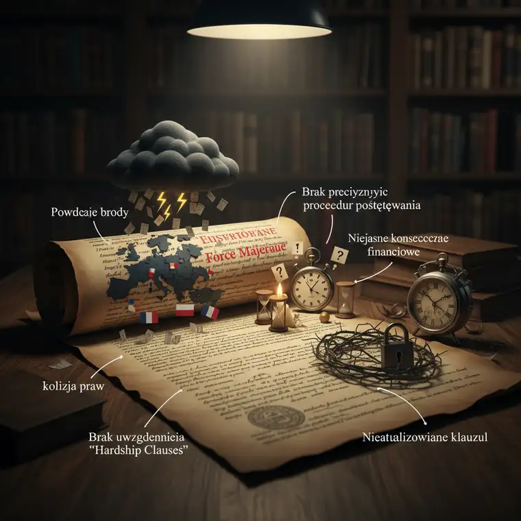 Prawnik analizuje wzorce umów i błędy w klauzulach siły wyższej, przygotowując lepsze zabezpieczenia dla firmy w UE