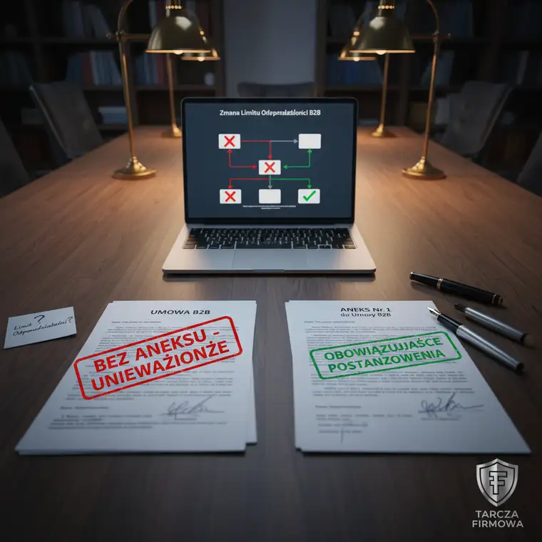 Zespół prawny analizuje ogólne warunki umów i limit odpowiedzialności w relacjach B2B na tle dokumentów i wykresów