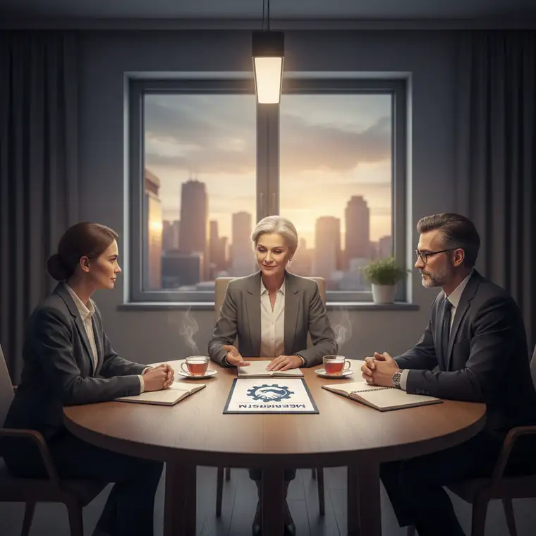 Zespół biznesowy podczas mediacji z udziałem mediatora, omawiający umowę z długoterminowym klientem i sposoby polubownego rozwiązania sporu