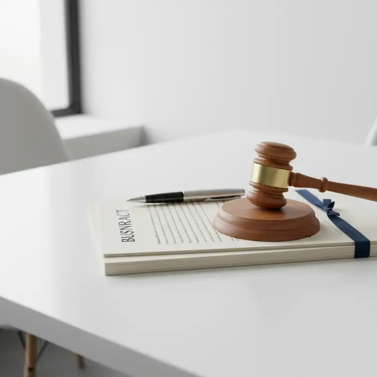 Dwóch przedsiębiorców omawia umowę przy stole, patrząc na dokument z klauzulą mediacyjną, symbol długoterminowej współpracy i ochrony relacji biznesowych