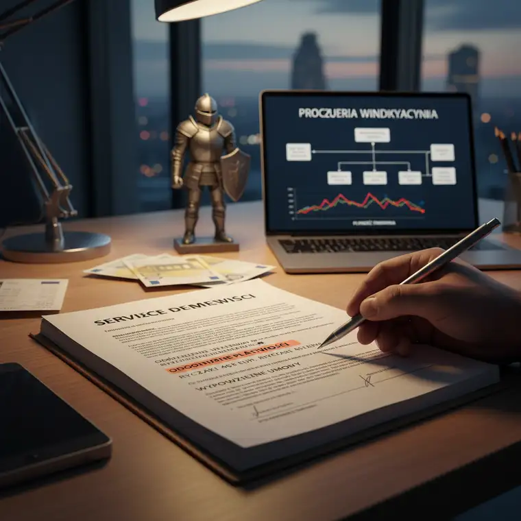 Prawnik i właściciel firmy omawiają zapisy umowy usługowej dotyczące odpowiedzialności za opóźnione płatności klienta