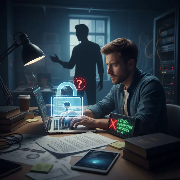 Schemat relacji między firmą a freelancerem IT, pokazujący etapy realizacji projektu i moment przeniesienia praw autorskich