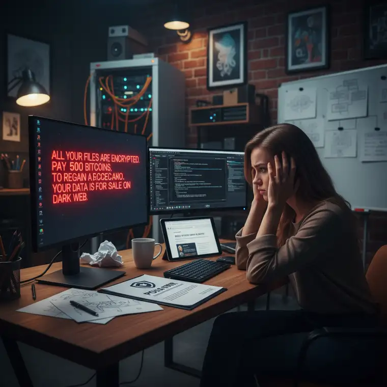 Zespół małej firmy przed ekranem z alertem o cyberataku, omawiający polisy cyber i plan reagowania na incydenty bezpieczeństwa