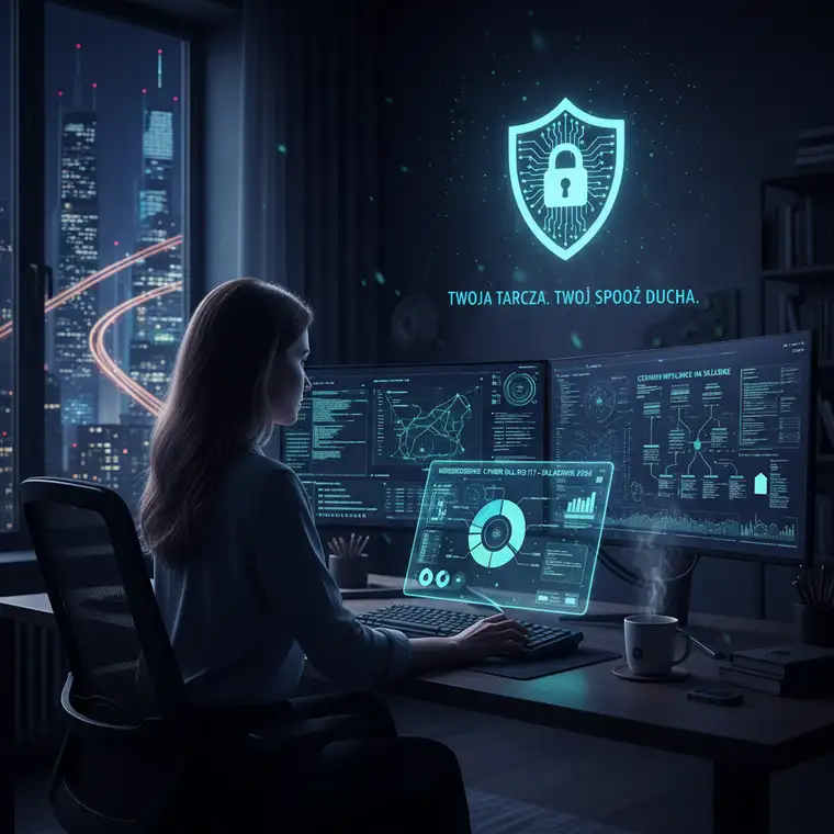 Programista prowadzący jednoosobową działalność IT przegląda swoje zabezpieczenia cybernetyczne i warunki polisy, aby obniżyć składkę ubezpieczenia cyber na 2026 rok