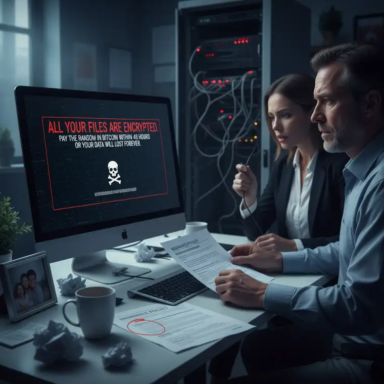 Zespół małej firmy analizujący szkody po ataku ransomware na serwer firmowy i planujący zgłoszenie szkody z polisy cyber