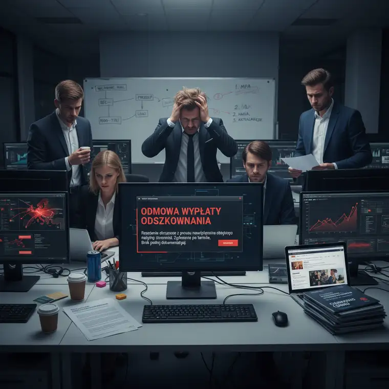 Zespół IT i prawnik analizują OWU ubezpieczenia cyber przy biurku, omawiając ryzyko włamania na firmową skrzynkę e-mail