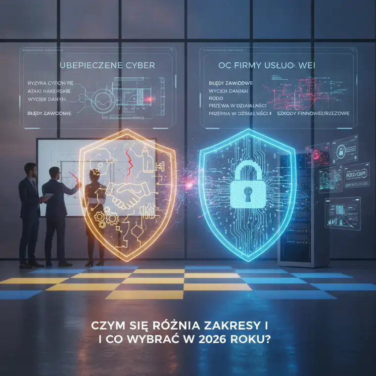 Schemat ochrony firmy usługowej pokazujący ubezpieczenie cyber a OC firmy usługowej jako dwa komplementarne filary bezpieczeństwa w 2026 roku
