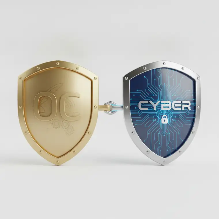 Nowoczesne biuro firmy usługowej analizujące polisę ubezpieczenie cyber a OC firmy usługowej w 2026 roku, z widocznymi danymi i zabezpieczeniami IT
