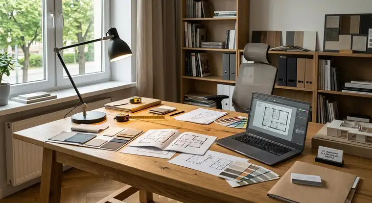 Doświadczony architekt wnętrz omawia zakres OC zawodowego przy projekcie mieszkania w 2026 roku